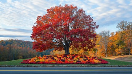 Red tree with yellow and orange flowers, forest background, on road?s edge, photo for season