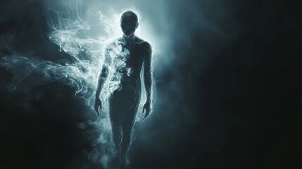 Obraz premium Ethereal Human Silhouette with Glowing Aura on Dark Canvas, Mysterious Visual with Smoky Transitions