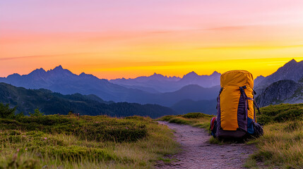 Naklejka premium Sunrise Backpack Hiking Mountain Trail Landscape.