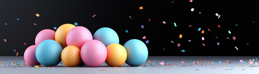 Colorful Pastel Balls with Confetti on Dark Background for Celebration or Party Decoration