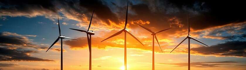 Fototapeta premium Majestic Sunset Behind Wind Turbines on a Scenic Landscape with Dramatic Cloud Formation
