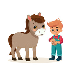 happy cute kid boy feeding cute horse vector
