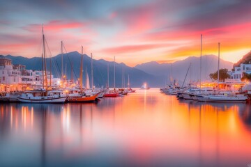 Fototapeta premium A pixel art depiction of KuÅŸadasÄ± harbor, with vibrant blocky boats, Pigeon Island, and a glowing Aegean sunset