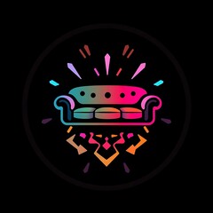 Fototapeta premium Groovy Couch in a Circle: A vibrant, colorful illustration of a retro sofa encircled by a radiant burst, set against a stark black background. The design evokes feelings of comfort, nostalgia.