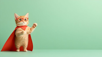 Superhero kitten poses against a green background;  perfect for advertising or social media.