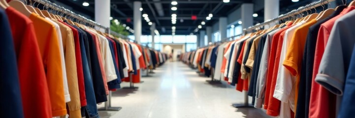 Clothing racks filled with sale items in a modern shopping mall, shopping mall, sale, fashion store
