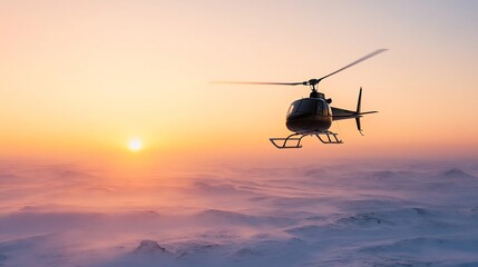 Helicopter Soaring Over Serene Snowy Landscape at Enchanting Dawn