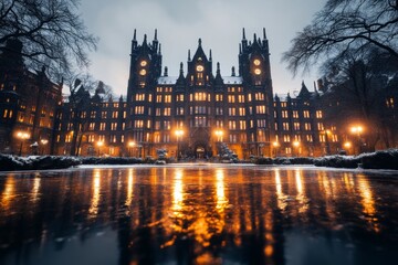 Fototapeta premium A nighttime shot of a historic university building illuminated by warm lights, with reflections in a nearby fountain