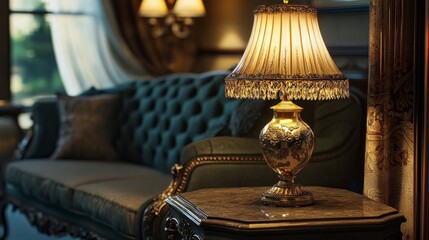 Elegant table lamp with ornate carvings, softly lighting a cozy corner in a vintage living room.
