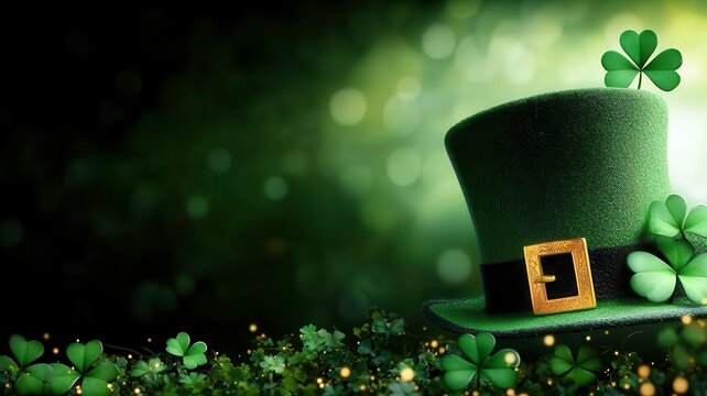 Irish top hat three with leaf clover green St patricks day pattern concept. Leprechaun hat surrounded by clovers on a green background.