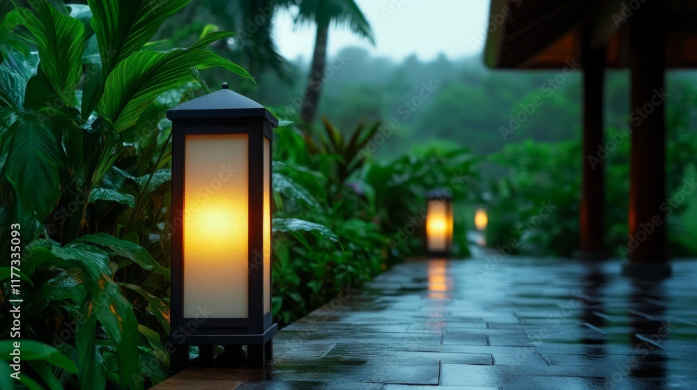 Poster serene evening scene with soft glow of lanterns by a rain-drenched pathway surrounded by lush green 