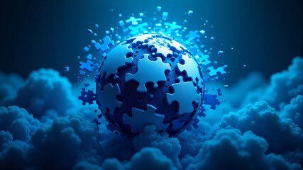 Obraz premium A stunning blue globe made of puzzle pieces, surrounded by soft clouds, symbolizing unity.