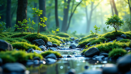 Fototapeta premium A serene forest landscape featuring a gentle stream surrounded by vibrant green moss and sunlight.
