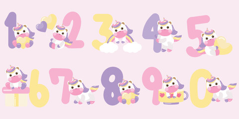Playful Unicorns with Colorful Numbers Illustration