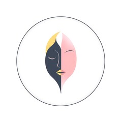Abstract Feminine Identity: A minimalist illustration of a stylized face, half black and half pink, within a circular frame. The closed eyes suggest tranquility and introspection.