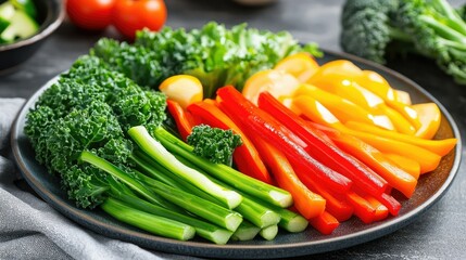 Chinese kale arranged beautifully on a plate as part of a colorful vegetable platter, promoting its versatility and nutritional richness.