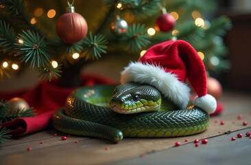 A green snake in a Santa hat, nestled among the Christmas decorations under the Christmas tree. The coming year of the snake. Christmas, New Year, greeting card, greeting card, wallpaper, screensaver.
