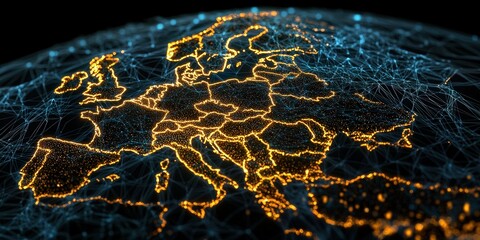A digital depiction of Europe at night, showcasing illuminated cities and intricate network connections across the continent.