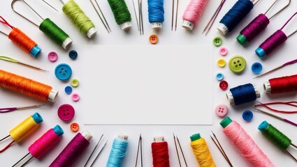 Obraz premium Colorful threads, buttons, and needles are neatly arranged on a white background, offering a blank space for text or design ideas. Generative AI