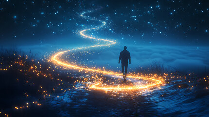 Fototapeta premium A glowing path spiraling into the sky, with a lone traveler taking the first step. (3)