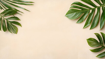 Tropical leaves frame on beige background; summer design, website banner, invitation card.