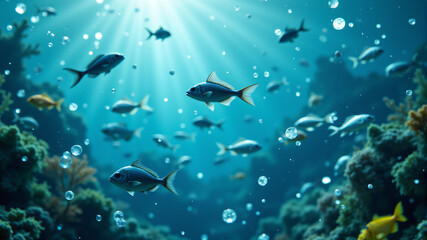 Fototapeta premium An enchanting underwater scene showcasing various colorful fish swimming gracefully among vibrant coral reefs.