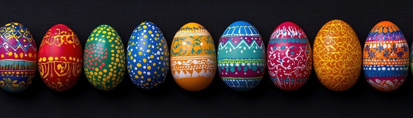 Colorful Decorative Easter Eggs in a Row on a Dark Background, Perfect for Celebrations