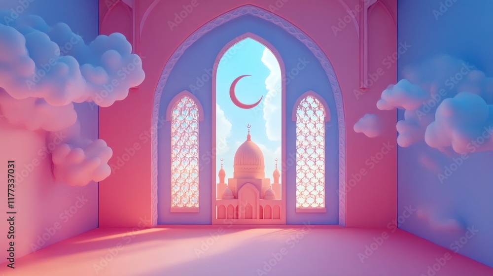Poster a serene architectural scene featuring a mosque silhouette with clouds and a crescent moon.