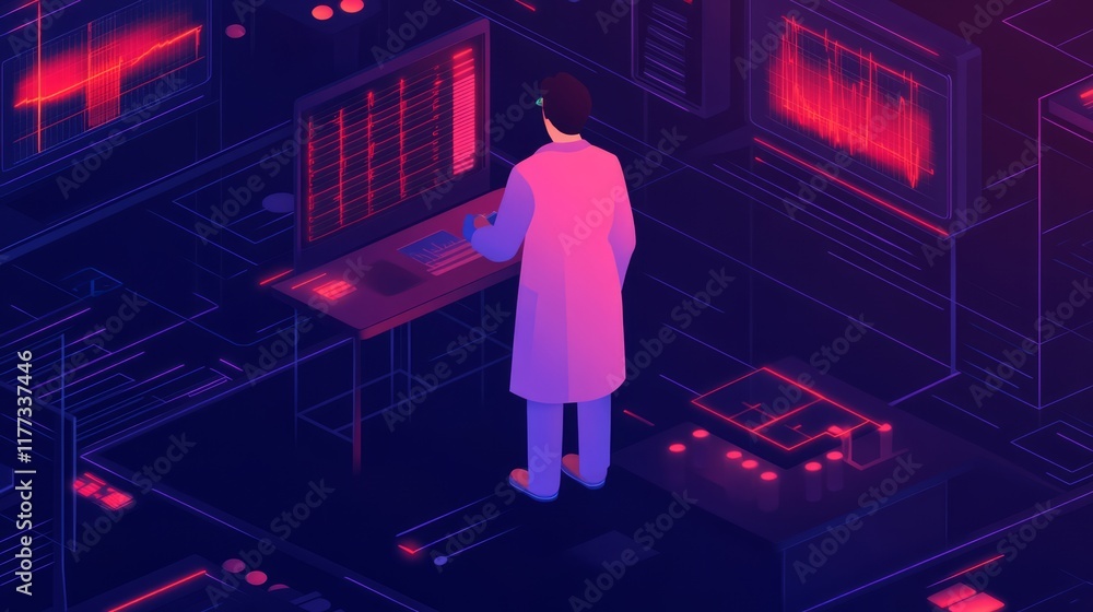Poster scientist analyzing data on futuristic interface, modern laboratory with high-tech equipment, visual