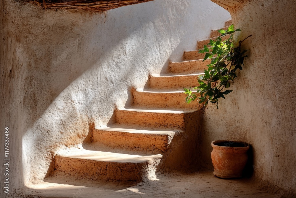Poster A realistic view of the narrow staircases inside a ksar, with the light filtering through small openings in the walls