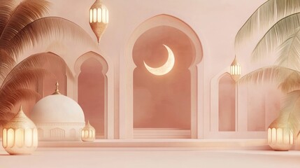 A serene architectural scene featuring arches, a crescent moon, and palm trees.