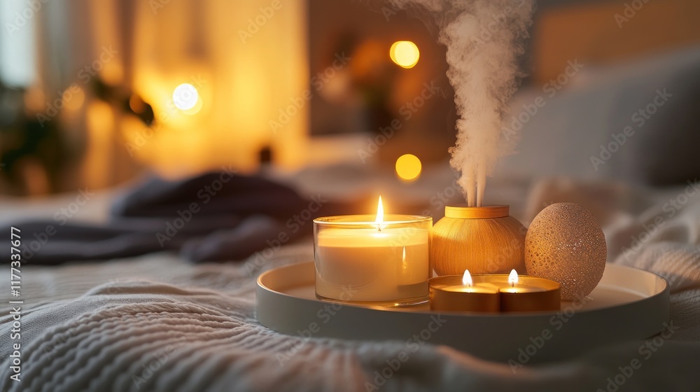 Poster A serene arrangement of candles and a diffuser on a cozy bed, creating a calming atmosphere.