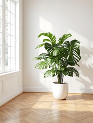 Beige Modern Interior with Large Plants in Beige Pots, Parquet Floor, White Walls, and Wooden Furniture