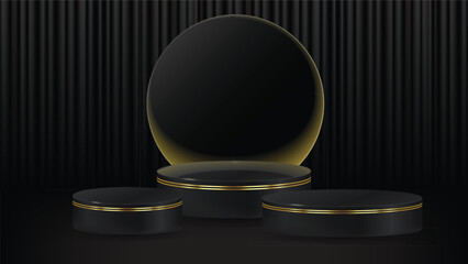Set of three realistic 3D black cylinder pedestal podium set with dark curtains in circle with yellow glow light background. Vector abstract minimal wall scene for products stage showcase.