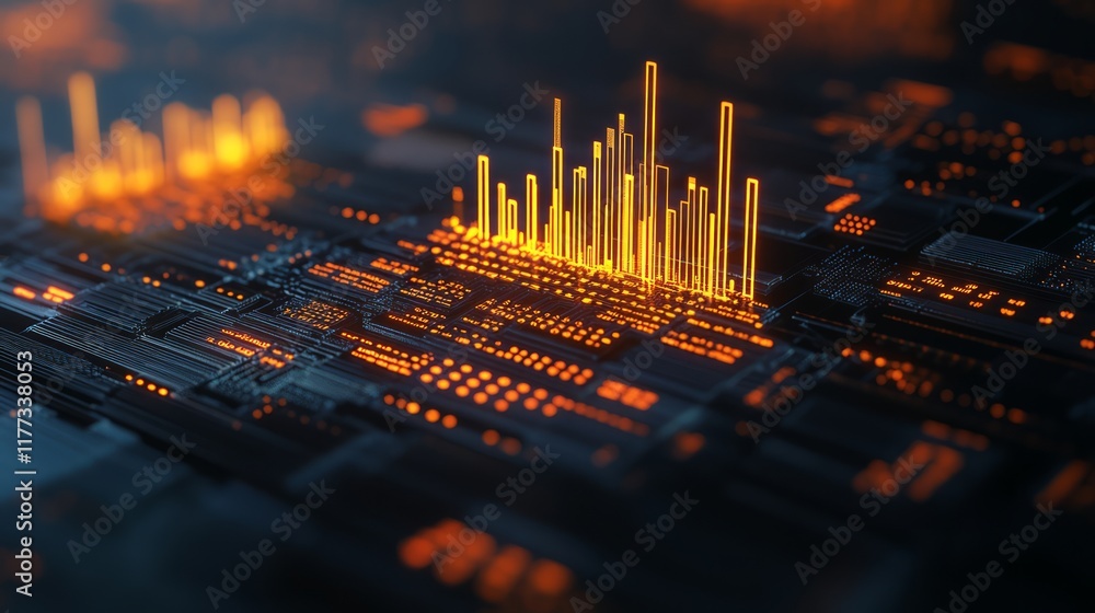 Poster abstract digital visualization of vibrant orange data patterns on a circuit board, illustrating tech