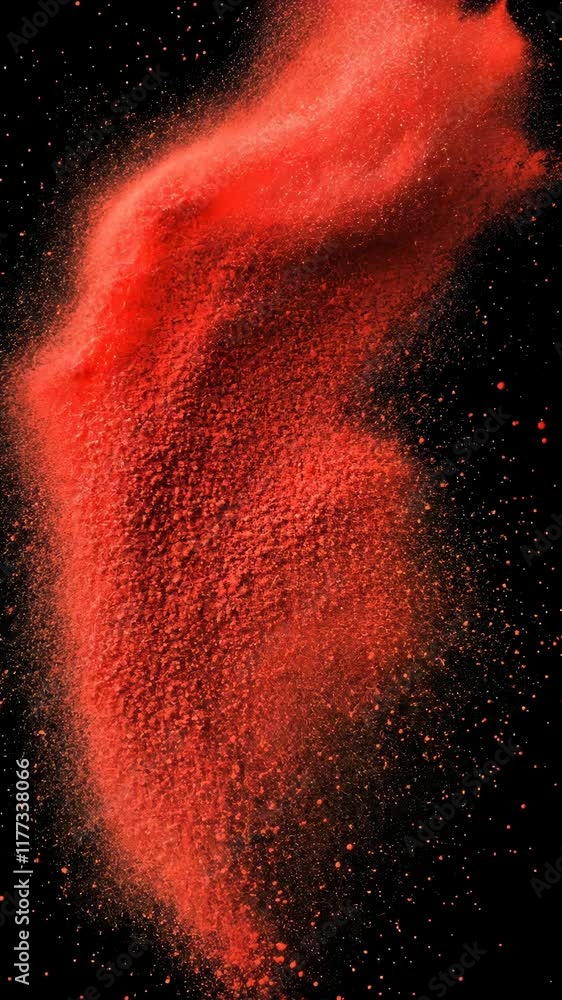 Poster red powder bursts create vibrant patterns against a dark backdrop capturing dynamic motion and energ