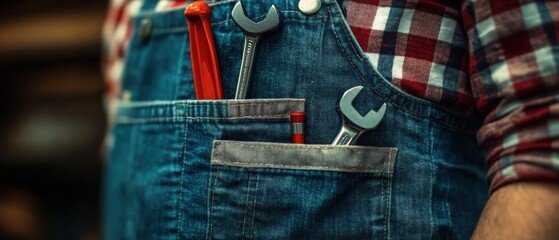 close up of a person wearing overalls with tools in the pocket