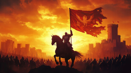 knight rearing their horse at head of army, holding flag against dramatic sunset backdrop. scene evokes sense of bravery and leadership