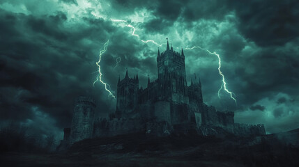 Fototapeta premium dark castle looms under stormy sky, illuminated by flashes of lightning. ominous atmosphere evokes sense of mystery and foreboding, enhancing dramatic scene