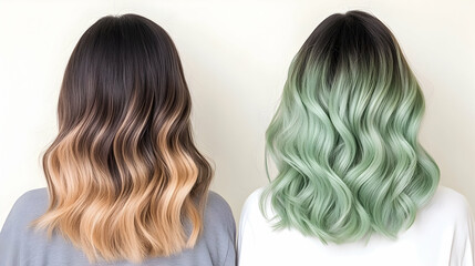 Naklejka premium Two women showcasing ombre hair color, blonde and mint green, against a plain background. Ideal for hair salons or beauty blogs.