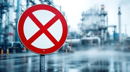 Prominent No Entry Sign in Front of Industrial Complex with Smoking Chimneys and Blurred Infrastructure, Highlighting Restricted Access and Potential Hazards