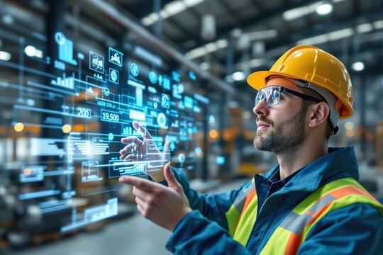 Male industrial engineer wearing a yellow hard hat and safety vest interacting with a digital data interface in a factory. Concept of future technology. Ai generative