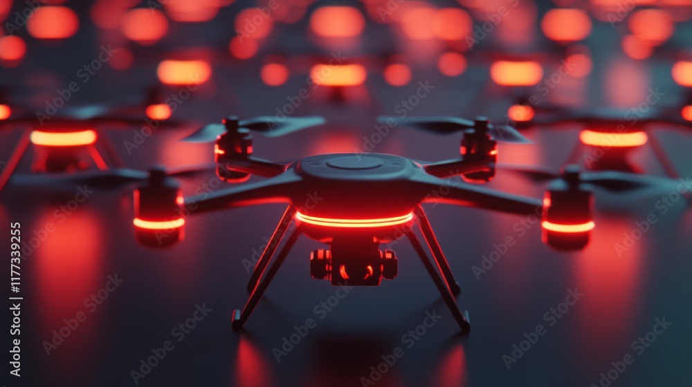 Poster a futuristic scene featuring multiple drones with illuminated red lights, set against a dark backgro
