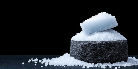 Obraz premium Elegant Arrangement of Sea Salt and Soap on Dark Stone Surface with Black Background