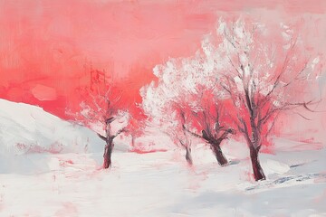 Winter Landscape with Pink Sunset, Painted in Oil