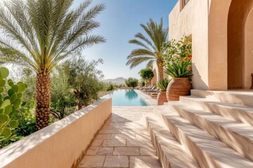 Fototapeta premium A serene oasis surrounded by towering date palms and traditional ksar (fortified village) structures under a bright desert sun