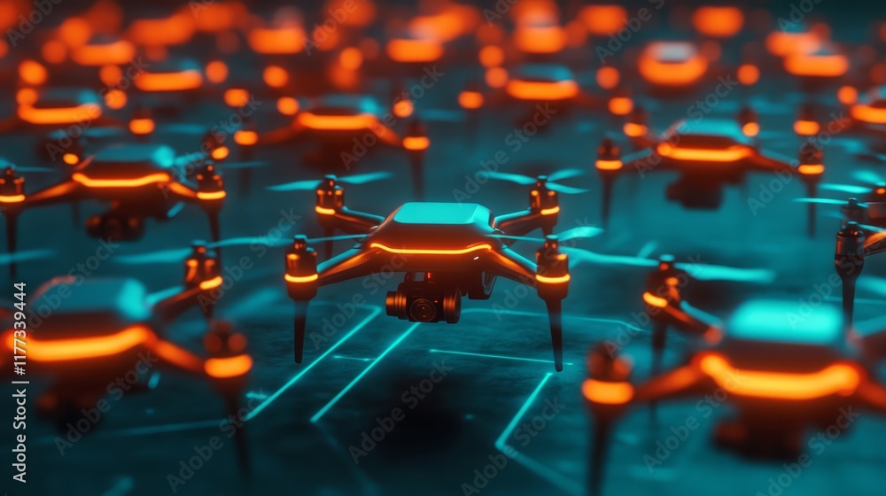 Poster advanced drone technology in futuristic setting with glowing neon lights and digital background for 