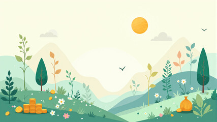 Obraz premium A vibrant landscape featuring green hills, colorful flowers, and a bright sun in the sky.
