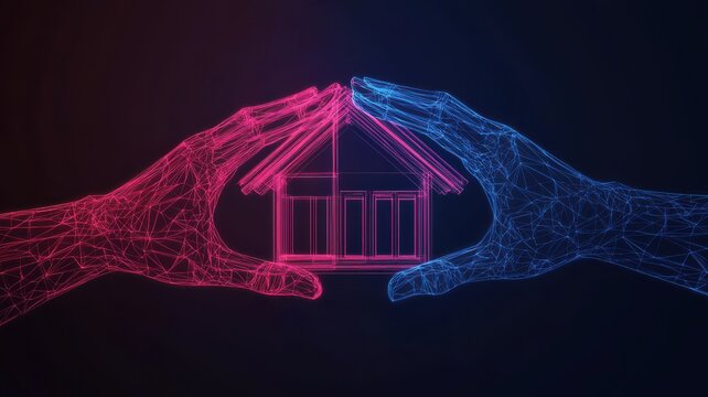 Real estate investment concept. Hands creating a digital house model
