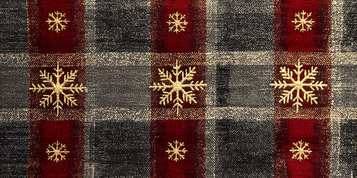 Plaid fabric with subtle snowflake details in red and gold tones, perfect for festive decor and holiday themes. This textile adds warmth and charm to any setting